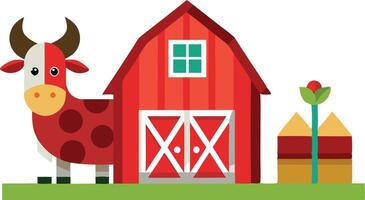 A colorful farm scene with a red barn, a cow, and a small garden, depicting a typical rural farm setting. vector