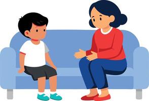 Illustration of a child and mother talking on a sofa. Child and mother engaging in a conversation on a sofa. vector