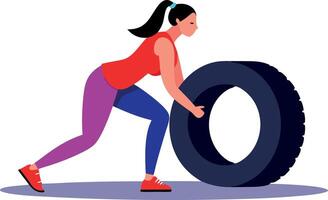 Illustration of a woman pushing a large tire as part of her exercise routine. vector
