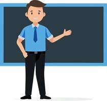A professional male teacher standing confidently in front of a blackboard, ready to teach a class. He is dressed in formal attire, wearing a blue shirt and black pants, pointing towards the board. vector