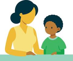 A mother and child at a desk, representing education and learning. The scene illustrates a parent guiding a child through educational activities. vector