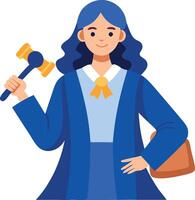 Female judge holding a gavel, standing confidently in a blue judicial robe, representing the justice system and legal authority. vector