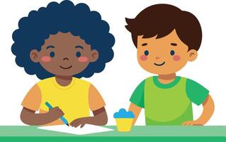 Two children sitting at a table, engaged in a fun and creative activity, illustrating cooperation and friendship. vector