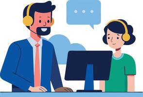 Two customer service representatives wearing headsets working at computers. vector