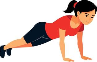 A woman doing push-ups as part of her fitness routine. She is dressed in workout clothes, concentrating on proper form and technique, isolated on white background. vector