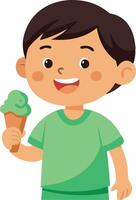 Illustration of a boy eating an ice cream cone. Boy holding an ice cream cone with a content expression. vector