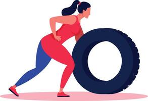 Illustration of a woman pushing a large tire as part of her exercise routine. vector
