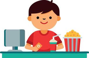 A boy is sitting at a table with a computer and a drink vector