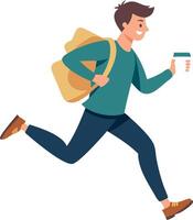 A man is running with a backpack and a cup in his hand vector