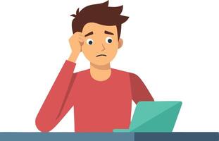 A young man is sitting at a table with a laptop in front of him vector