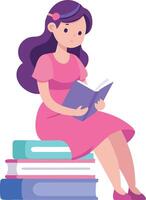 A girl is sitting on a stack of books and reading vector
