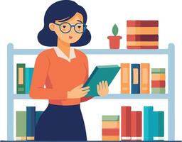 Illustration of a woman reading a book in a library. vector