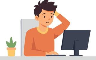 A man is sitting at a desk with a computer monitor in front of him vector
