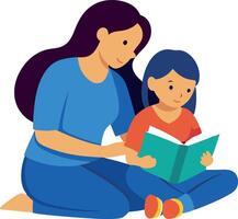 A woman and a child are sitting on the floor reading a book together vector