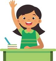 A girl is sitting at a desk with a book in front of her vector
