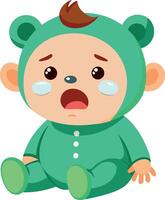 Illustration of a baby in a green onesie crying. Baby expressing sadness while sitting on the floor. vector
