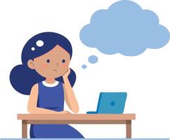 A girl is sitting at a desk with a laptop in front of her vector
