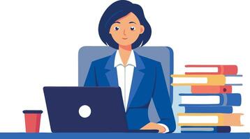 A woman is sitting at a desk with a laptop and a stack of books vector