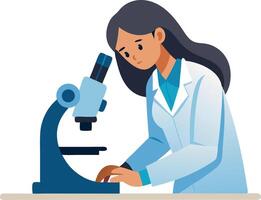 Illustration of a female scientist using a microscope. vector