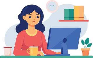 A woman is sitting at a desk with a computer monitor and a cup of coffee vector