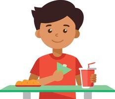 A boy is sitting at a table with a drink and a snack vector