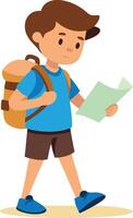 A boy is walking with a backpack and reading a map vector