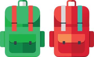 Two backpacks, one green and one red, are shown side by side vector