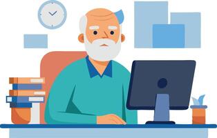An older man is sitting at a desk with a computer monitor and a clock vector