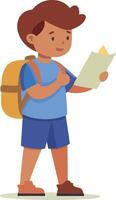 A boy is reading a book while wearing a backpack vector