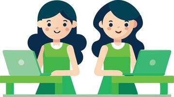 Two women are sitting at a table with laptops in front of them vector