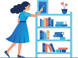 A woman is standing in front of a bookshelf, looking at a book vector