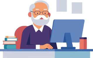An older man is sitting at a desk with a computer monitor in front of him vector