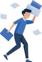 A man in a blue shirt is running with a briefcase and papers in his hands vector