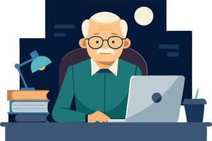 An older man is sitting at a desk with a laptop and a book vector