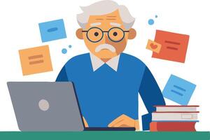 An older man is sitting at a desk with a laptop and a stack of books vector