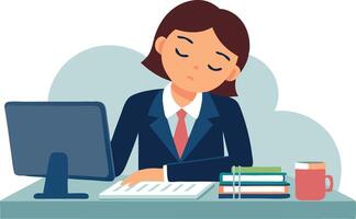 A woman is sitting at a desk with a computer monitor and a stack of books vector