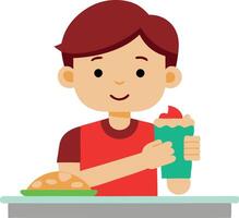 A boy is sitting at a table with a green cup in his hand vector