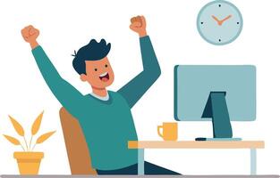 A man is sitting at a desk with a computer and a clock vector