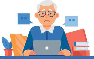 A man is sitting at a desk with a laptop and a stack of books vector
