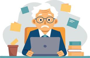 An older man is sitting at a desk with a laptop and a stack of books vector