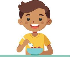 A boy is eating a bowl of cereal with a spoon vector