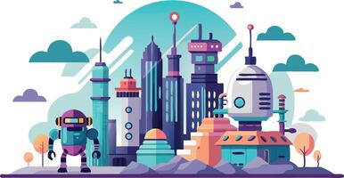 A cityscape with a robot and a spaceship in the foreground vector