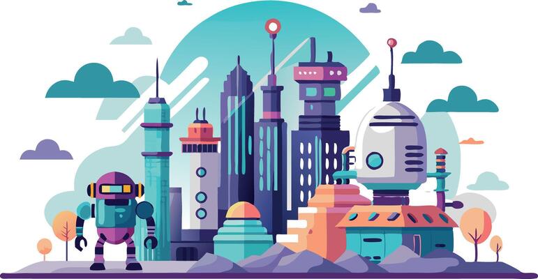 A cityscape with a robot and a spaceship in the foreground
