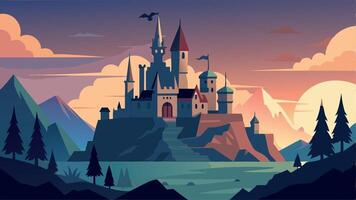 A castle is shown in a painting with a mountain range in the background vector