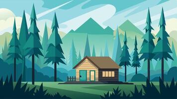 A cabin in the woods with a view of mountains vector