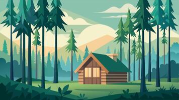 A cabin is nestled in a forest with a lake in the background vector