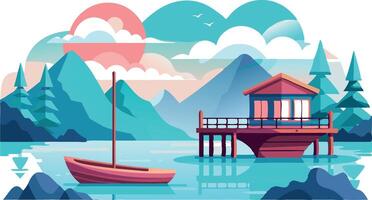 A boat is floating in a lake near a house vector