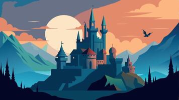 A castle is shown in the background with a dragon flying in the foreground vector