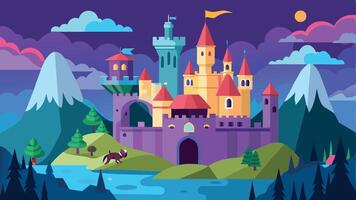 A castle with a red roof and a blue tower is shown in the background vector