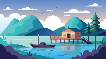 A serene lake with a small house and a boat on it vector